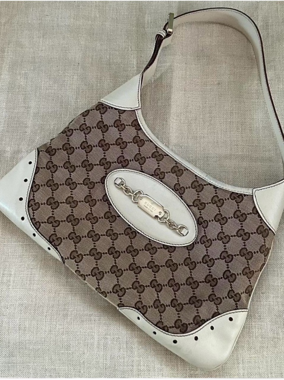 Gucci White & Brown GG Canvas Hobo Shoulder Bag